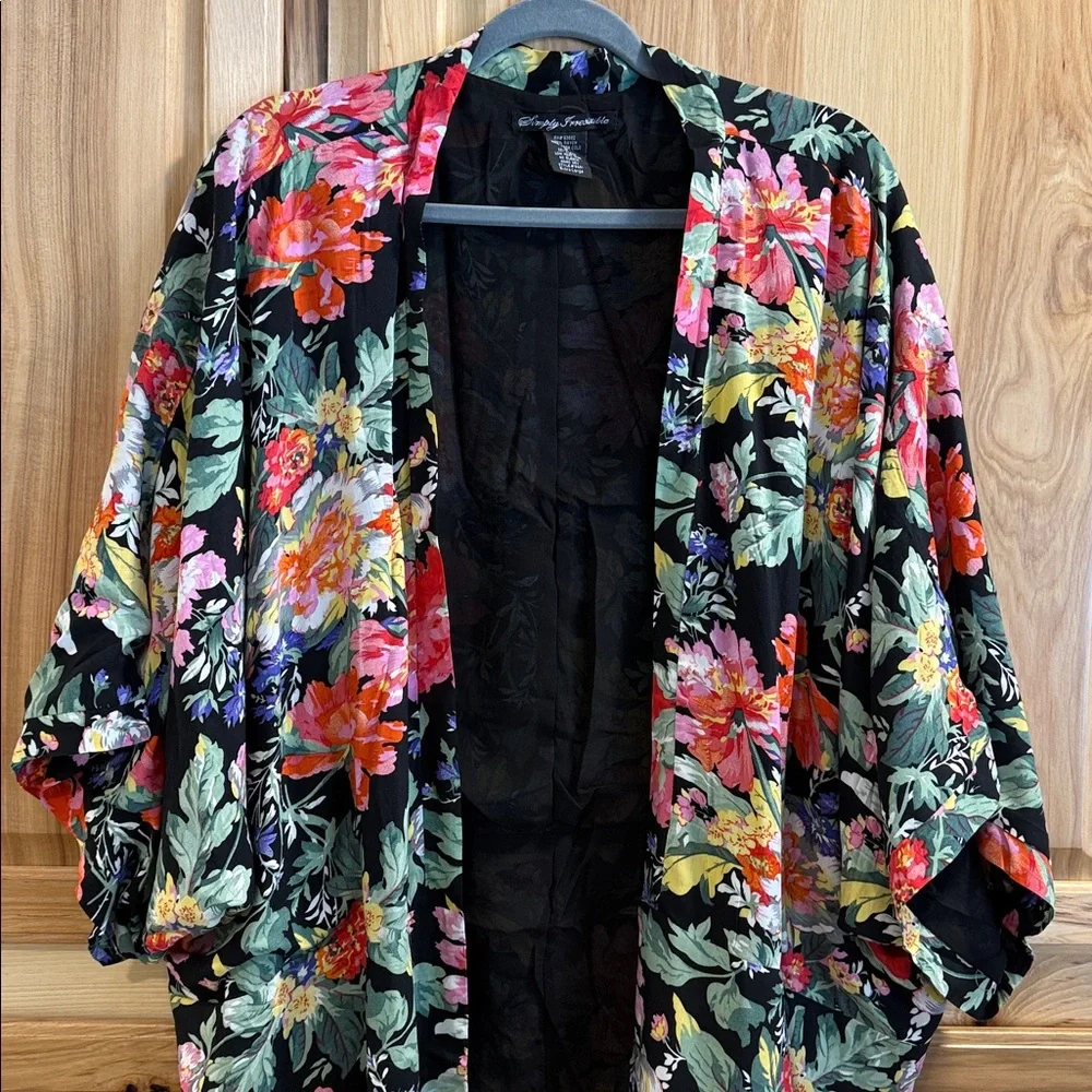 Simply Irresistible Black Colorful Floral Elbow Sleeve Boho Kimono Blazer Sz XL